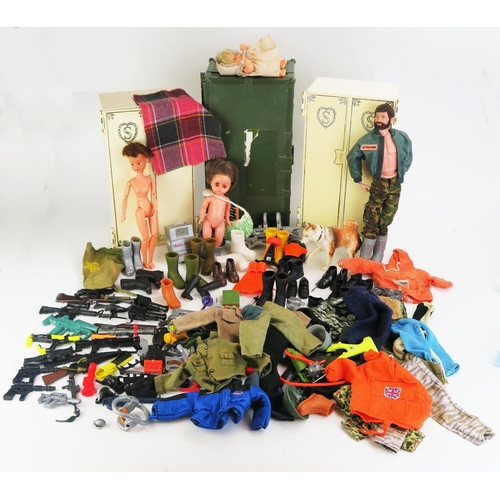 1334 - Action Man Figure and accessories, some early pieces, 2 Sindy Wardrobes and 3 other dolls