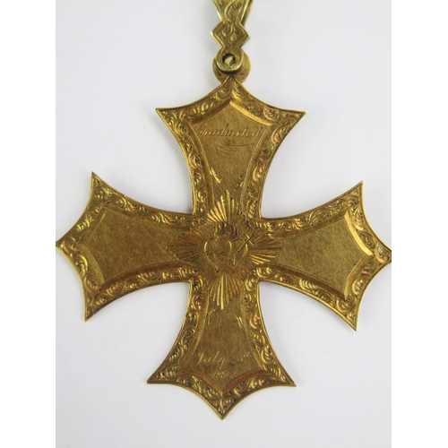 134 - A 19th century Precious Yellow Metal Presentation Cross engraved A. Pugh July 5th 1871, KEE tested a... 