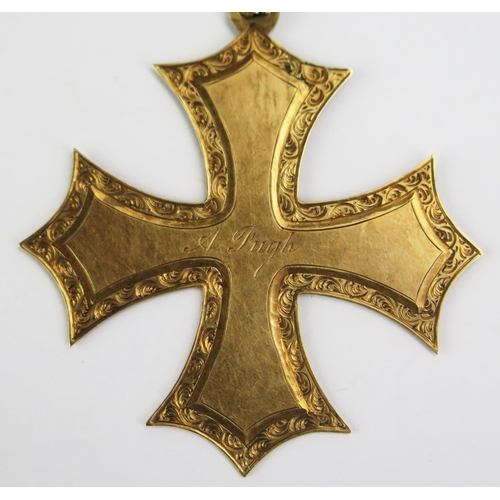 134 - A 19th century Precious Yellow Metal Presentation Cross engraved A. Pugh July 5th 1871, KEE tested a... 