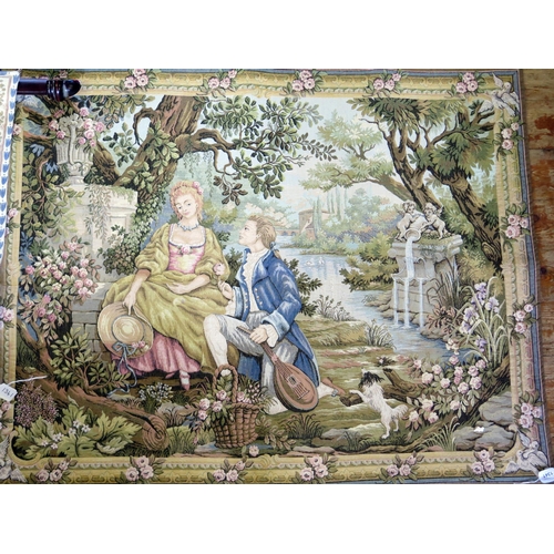 1341 - A late 20th century machine woven tapestry 'Jardin D'Amour'92 x 119cm, together with another machine... 