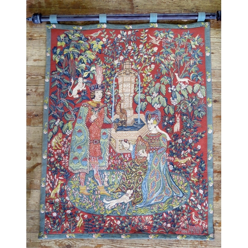 1342 - French machine woven tapestry with wooden hanging rail titled ' Le Roman de la Rose ' by Anne-Roland... 