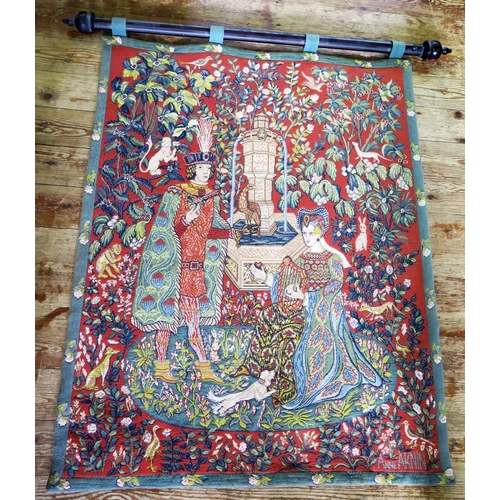 1342 - French machine woven tapestry with wooden hanging rail titled ' Le Roman de la Rose ' by Anne-Roland... 