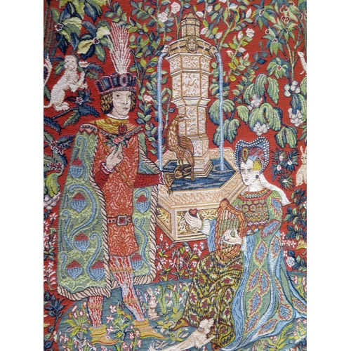 1342 - French machine woven tapestry with wooden hanging rail titled ' Le Roman de la Rose ' by Anne-Roland... 