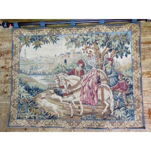 1343 - A French machine woven tapestry with wooden hanging rail titled ' The Royal Hunt' by Marc Waymel, pr... 