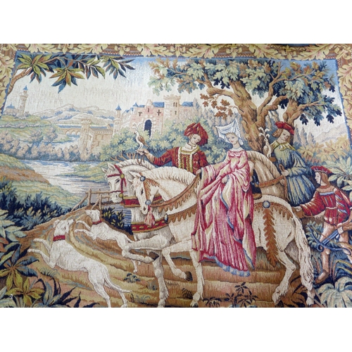 1343 - A French machine woven tapestry with wooden hanging rail titled ' The Royal Hunt' by Marc Waymel, pr... 