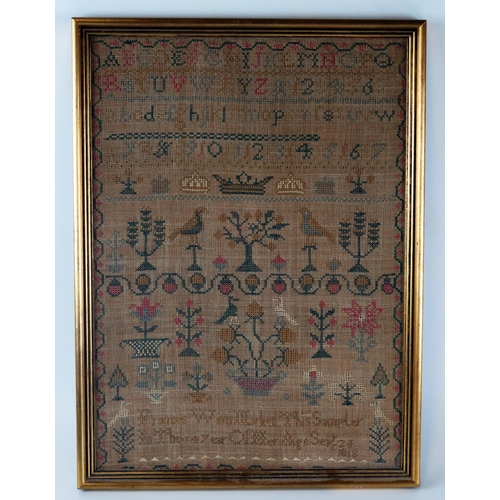 1344 - A George III needlework sampler, with banded decoration of upper and lowercase alphabet, Arabic numb... 