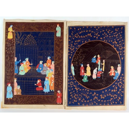 1358 - Two large Persian gouache paintings on linen depicting court scenes, each 50 x 35cm.