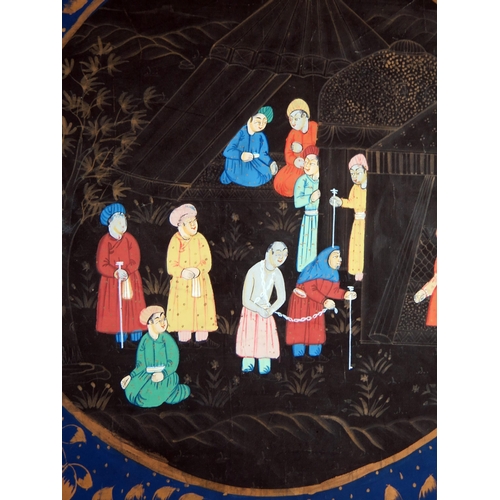 1358 - Two large Persian gouache paintings on linen depicting court scenes, each 50 x 35cm.