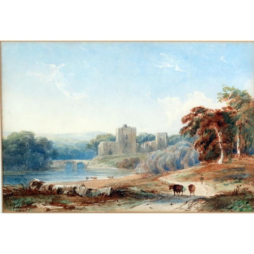 1408 - Anthony Copley Fielding (1787-1855)
Castle ruins and bridge with cattle in the foreground,
watercolo... 