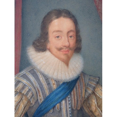 1412 - Attributed to George Perfect Harding,
Charles I, half length oval portrait, gouache, 
23 x 18cm, ins... 