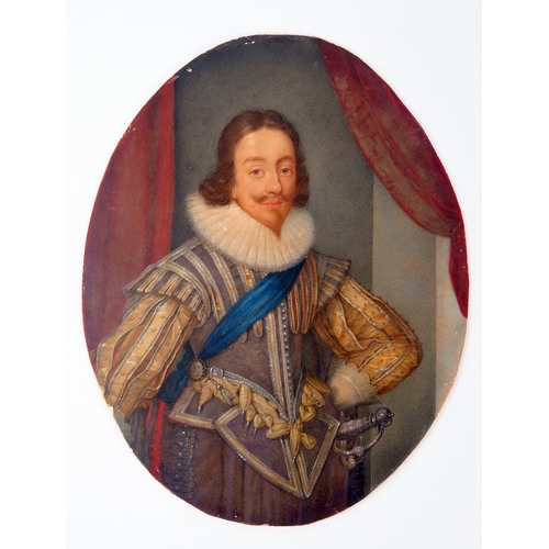 1412 - Attributed to George Perfect Harding,
Charles I, half length oval portrait, gouache, 
23 x 18cm, ins... 