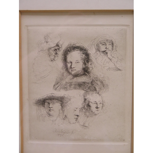 1420 - A Print of an Engraving depicting studies of faces, signed Rembrandt 1636, 19 x 15cm, F & G