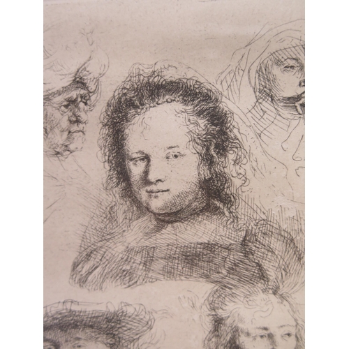 1420 - A Print of an Engraving depicting studies of faces, signed Rembrandt 1636, 19 x 15cm, F & G