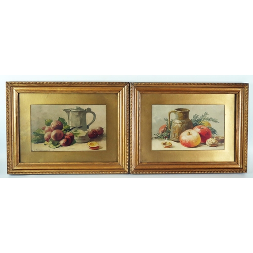 1430 - A pair of early 20th century Still lives 'Flagons and Fruit'  watercolours, indistinctly signed, eac... 