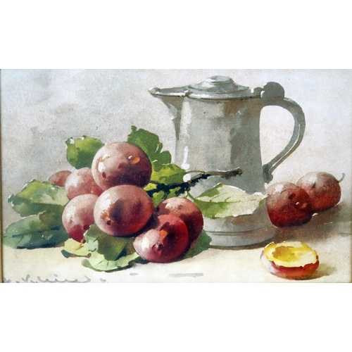 1430 - A pair of early 20th century Still lives 'Flagons and Fruit'  watercolours, indistinctly signed, eac... 