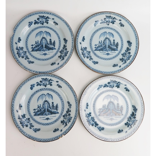 1557 - A set of four 19th century Delft plates, with Chinoiserie landscape decoration, 23cm diameter. (4).