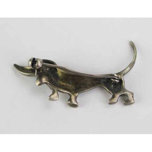 156 - A Dachshund White Metal and Marcasite Brooch, 5.29g