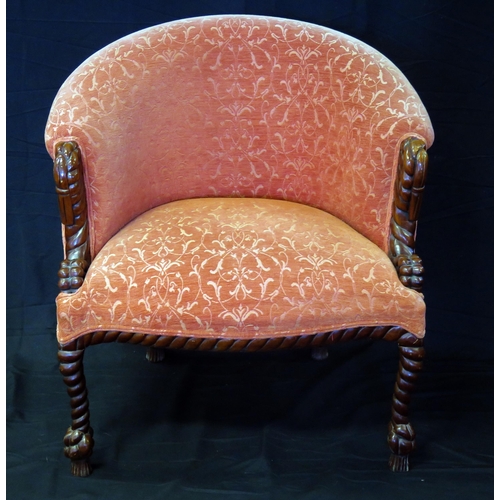 1601 - A carved mahogany salon chair with upholstered padded back, stuff-over seat of serpentine outline, r... 