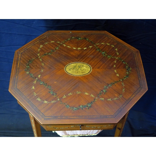 1604 - A satinwood and painted sewing table, of octagonal outline, the hinged lid with painted husk decorat... 