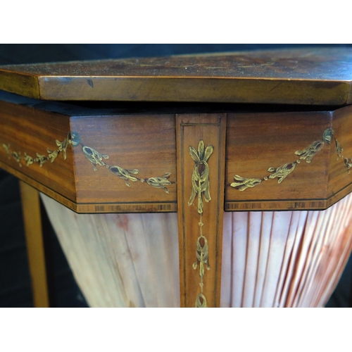 1604 - A satinwood and painted sewing table, of octagonal outline, the hinged lid with painted husk decorat... 