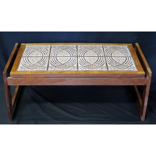 1608 - A vintage teak coffee table, the rectangular tiled top on square shaped supports, 98cm wide.