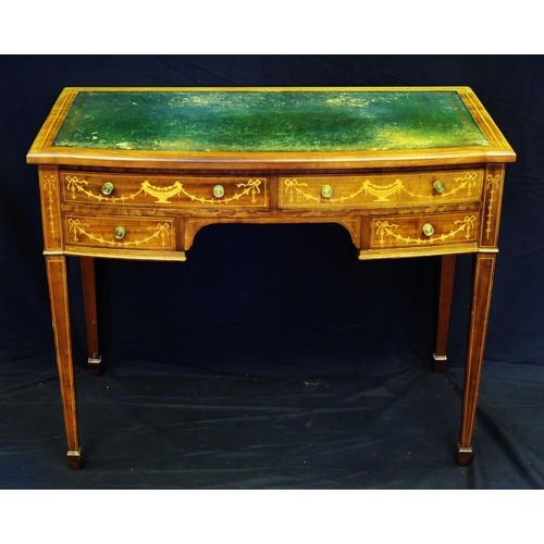 1612 - An Edwardian mahogany and inlaid writing table, of bow fronted outline, with tooled leather top, wit... 