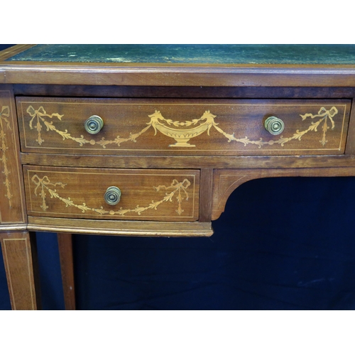 1612 - An Edwardian mahogany and inlaid writing table, of bow fronted outline, with tooled leather top, wit... 