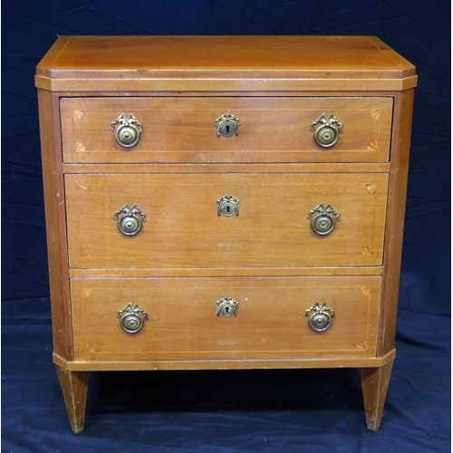 1613 - A continental rectangular mahogany chest with three long graduated drawers, raised on tapering squar... 