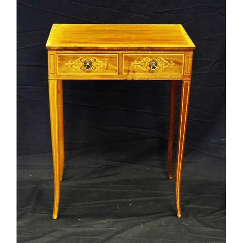 1615 - A mahogany and satinwood banded side table with two short frieze drawers, raised on square tapering ... 