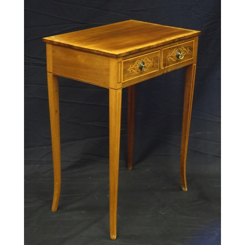 1615 - A mahogany and satinwood banded side table with two short frieze drawers, raised on square tapering ... 