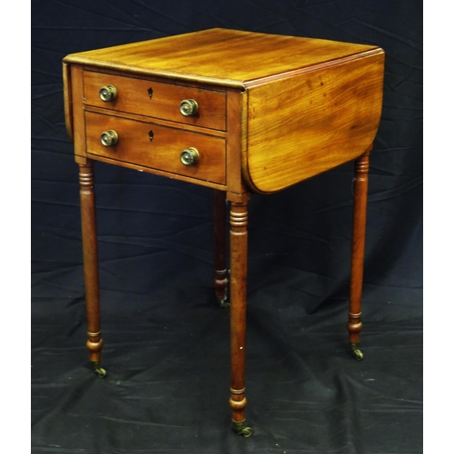 1616 - A mahogany Pembroke style table, with two hinged leaves and two short frieze drawers, raised on ring... 