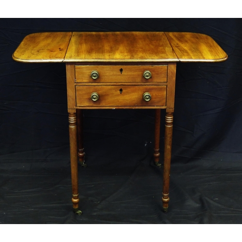 1616 - A mahogany Pembroke style table, with two hinged leaves and two short frieze drawers, raised on ring... 