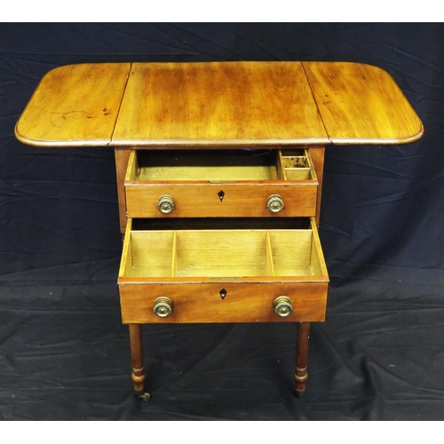 1616 - A mahogany Pembroke style table, with two hinged leaves and two short frieze drawers, raised on ring... 