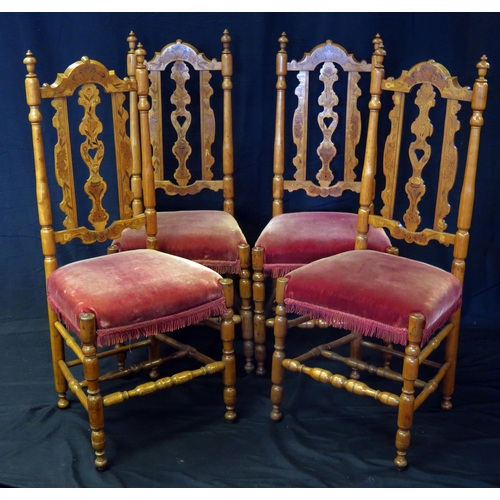 1633 - A set of four 19th century fruitwood and inlaid dining chairs with pierced splats and stuff over sea... 