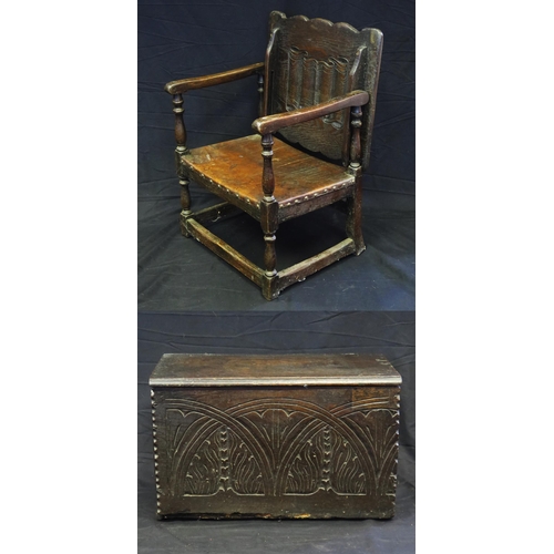 1642 - An antique small coffer, with a rectangular top, lunette carved front panel, with plain sides and ba... 