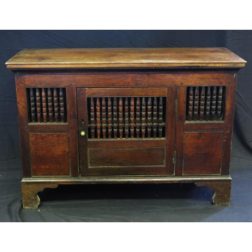 1646 - A late 18th century oak food hutch, with rectangular top with panelled and spindle decorated door en... 