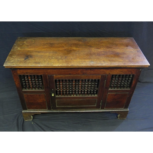 1646 - A late 18th century oak food hutch, with rectangular top with panelled and spindle decorated door en... 