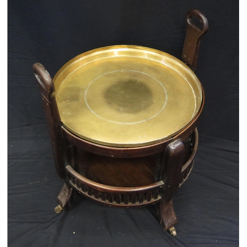 1651 - A mahogany and brass two-tier circular stand, with inset brass dish with pricked initials JP, with g... 