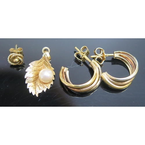 205 - A Middle Eastern 18ct Gold and untested Pearl Leaf Pendant (stamped 750, 26mm drop, 1.45g) a pair of... 