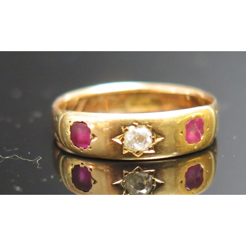 210 - A Victorian 18ct Gold, Ruby and Diamond Gypsy Style Ring engraved 10th Feb 1877, stamped 18CT, size ... 