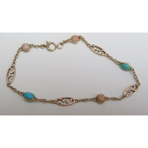 213 - A Precious Yellow (Rose) Metal, Coral and Turquoise Bracelet, KEE tested as 9ct, 7.25