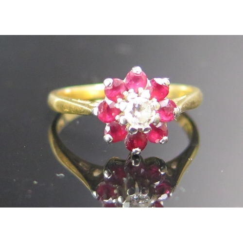 217 - An 18ct Gold, Ruby and Diamond Cluster Ring10mm head, hallmarked, size M, 3.17g