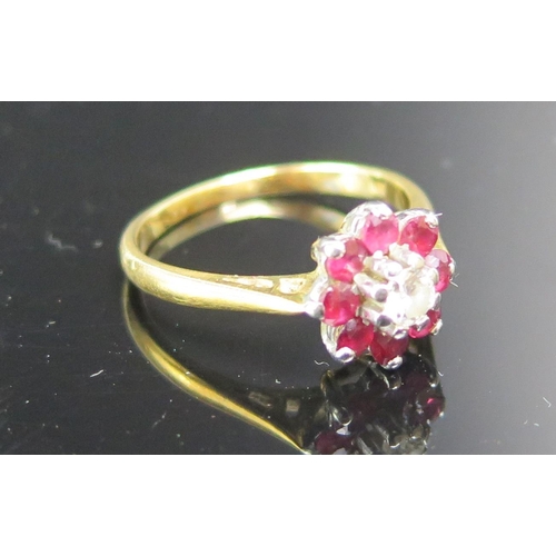 217 - An 18ct Gold, Ruby and Diamond Cluster Ring10mm head, hallmarked, size M, 3.17g