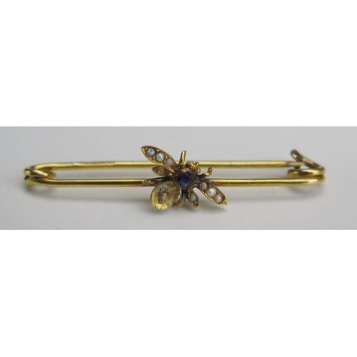 222 - An Antique 9ct Gold Insect Brooch set with a blue stone and untested pearls, Birmingham 1900, 46mm w... 