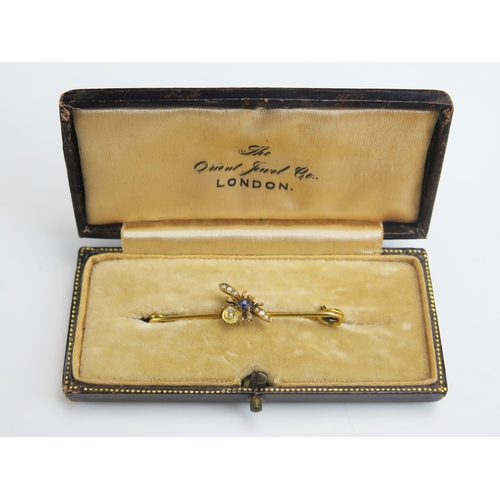 222 - An Antique 9ct Gold Insect Brooch set with a blue stone and untested pearls, Birmingham 1900, 46mm w... 