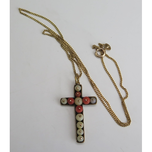 226 - An Antique Precious Yellow Metal and Coral Cross (KEE tested as 14ct, 37.5mm drop) and on a 9ct gold... 