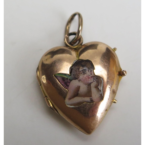 255 - A 19th Century Precious Yellow Metal and Enamel Heart Shaped Locket decorated with Cupid, 27.5mm dro... 