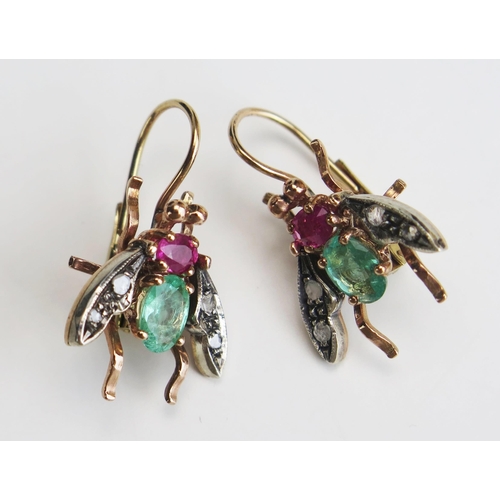 268 - A Pair of 9ct Gold, Ruby, Emerald and Diamond Insect Earrings, 28mm drop, stamped 375, 5.79g