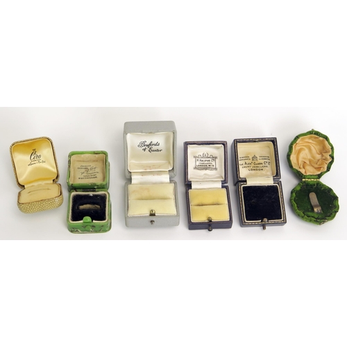 277 - Six Vintage Ring Boxes including a green plush scallop shaped box, five named including The Alex Cla... 