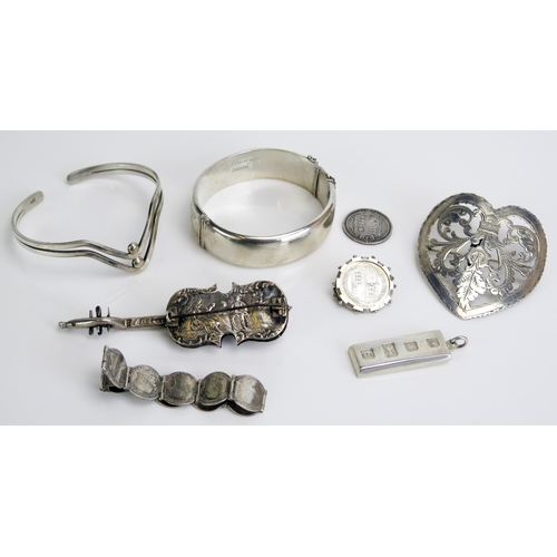 290 - AA Dutch Silver Miniature Cello (97mm) and silver jewellery including a hinged bangle, ingot pendant... 